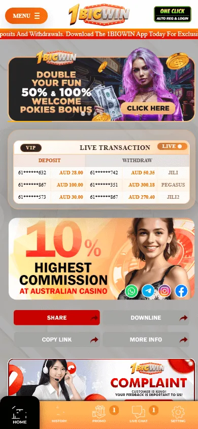 1BigWin Casino home interface on a mobile device