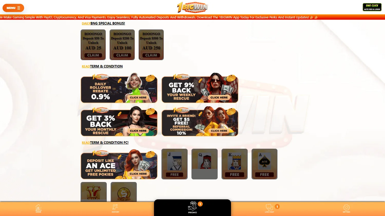 1BigWin Casino promotions interface on desktop